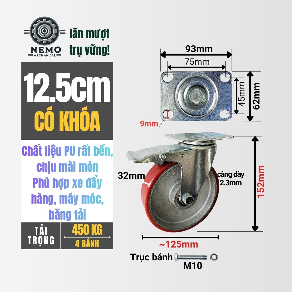 Bánh Xe PU Cốt Sắt Tải Trung – Siêu Bền, Kháng Dầu Mỡ (D75, D100, D125)